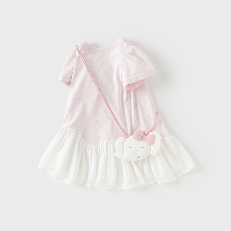 فستان بنات صيفي من القطن باللون الوردي بأسلوب غير رسمي (يشمل حقيبة كروس)