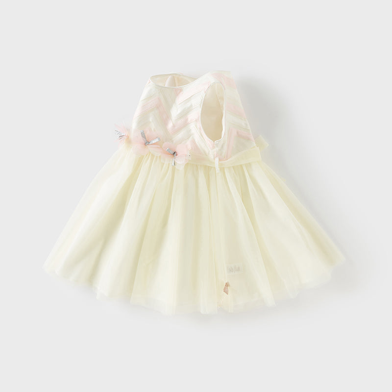 فستان صيفي للبنات الصغيرات من التول باللون الأصفر بدون أكمام مزين بالزهور