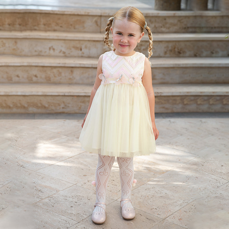فستان صيفي للبنات الصغيرات من التول باللون الأصفر بدون أكمام مزين بالزهور