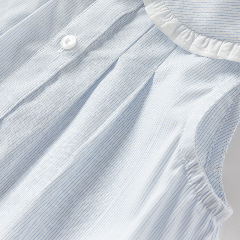 فستان بنات صيفي من القطن بدون أكمام مخطط بالأزرق والأبيض (يشمل حقيبة كروس)