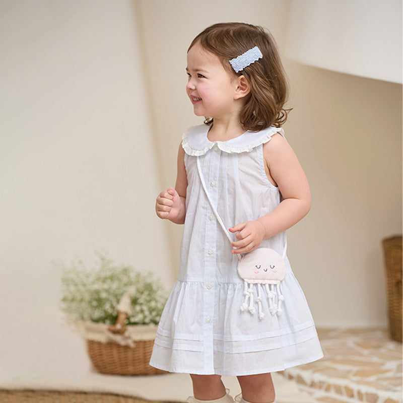 فستان بنات صيفي من القطن بدون أكمام مخطط بالأزرق والأبيض (يشمل حقيبة كروس)