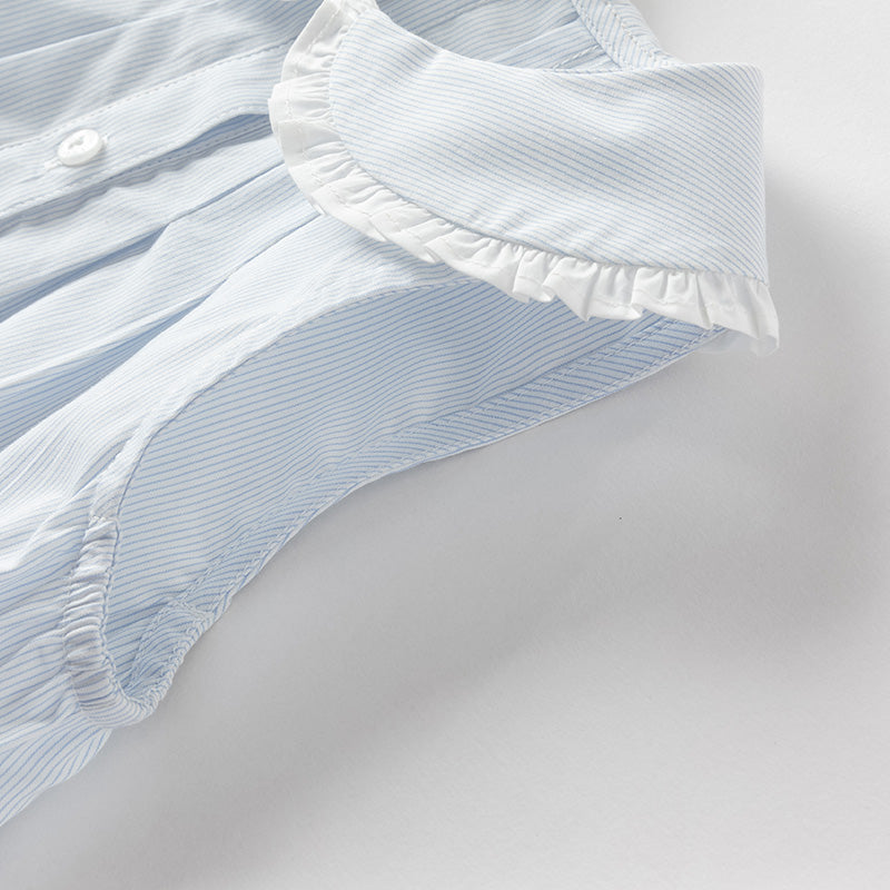 فستان بنات صيفي من القطن بدون أكمام مخطط بالأزرق والأبيض (يشمل حقيبة كروس)