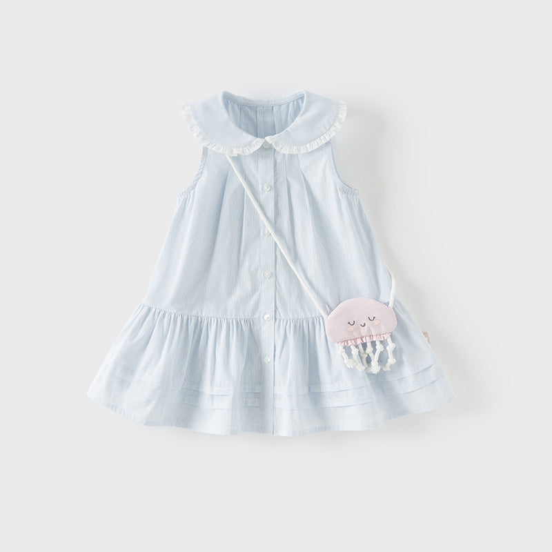 فستان بنات صيفي من القطن بدون أكمام مخطط بالأزرق والأبيض (يشمل حقيبة كروس)