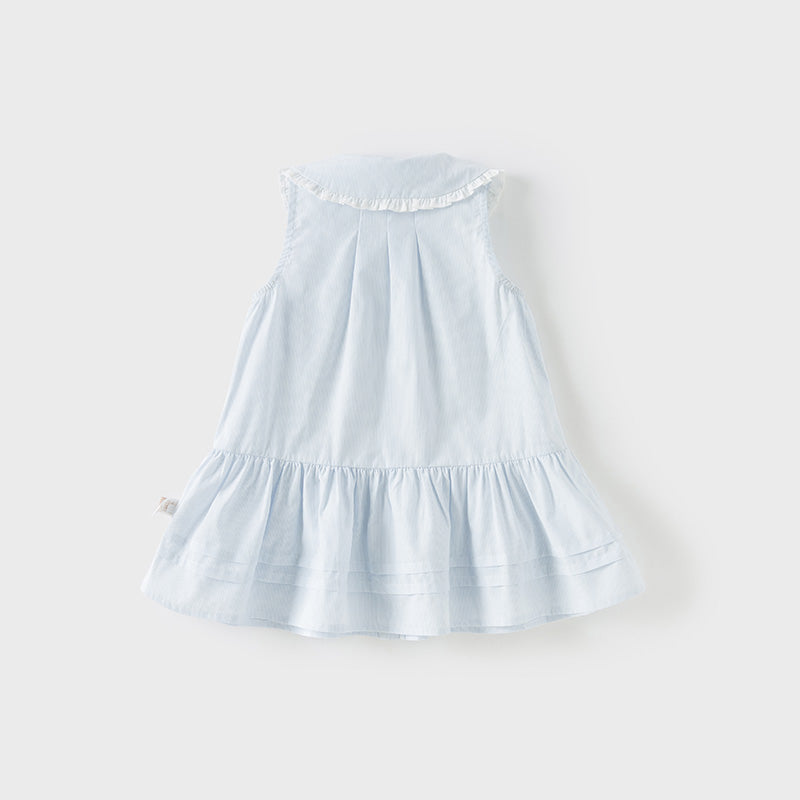 فستان بنات صيفي من القطن بدون أكمام مخطط بالأزرق والأبيض (يشمل حقيبة كروس)