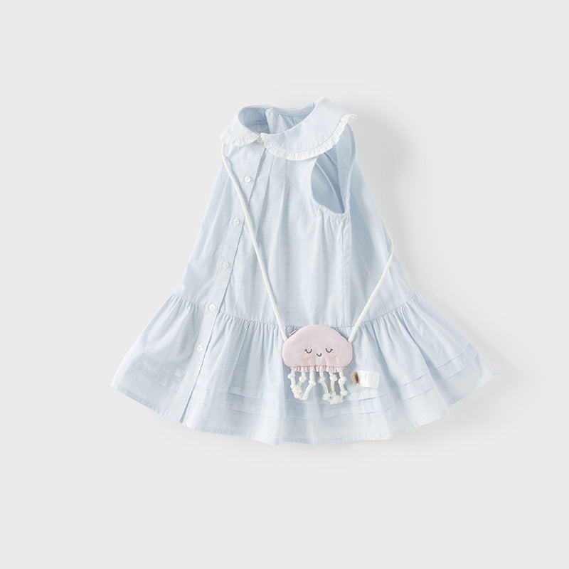 فستان بنات صيفي من القطن بدون أكمام مخطط بالأزرق والأبيض (يشمل حقيبة كروس)