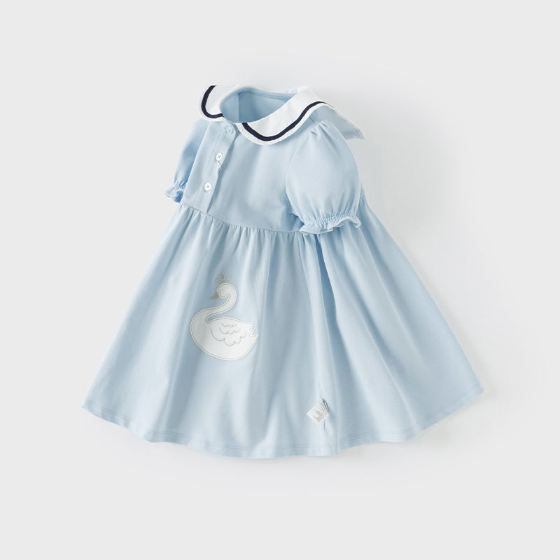 فستان بنات صيفي من القطن بأكمام منفوشة باللون الأزرق الفاتح مع تطريز بجعة، أسلوب لطيف