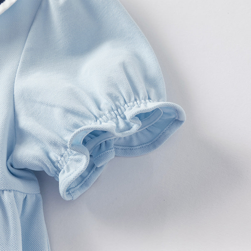 فستان بنات صيفي من القطن بأكمام منفوشة باللون الأزرق الفاتح مع تطريز بجعة، أسلوب لطيف