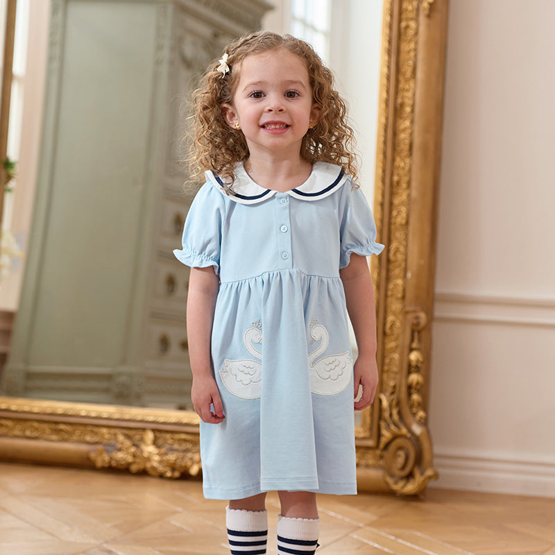 فستان بنات صيفي من القطن بأكمام منفوشة باللون الأزرق الفاتح مع تطريز بجعة، أسلوب لطيف