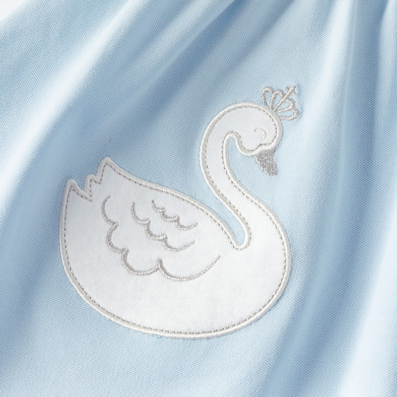 فستان بنات صيفي من القطن بأكمام منفوشة باللون الأزرق الفاتح مع تطريز بجعة، أسلوب لطيف