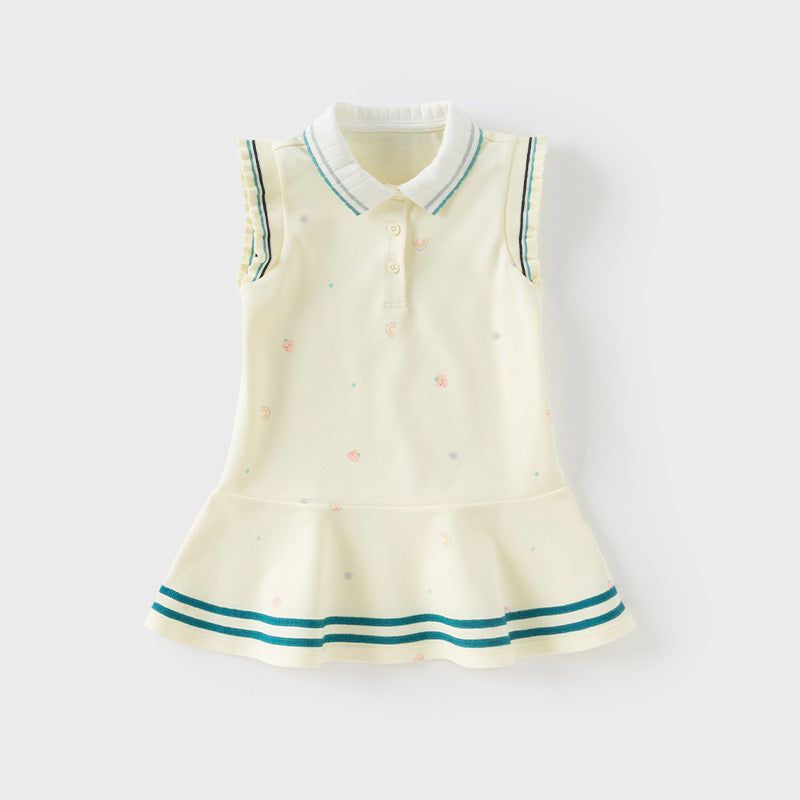 فستان بنات صيفي بدون أكمام باللون الوردي/الأصفر بتصميم رياضي وياقة بولو