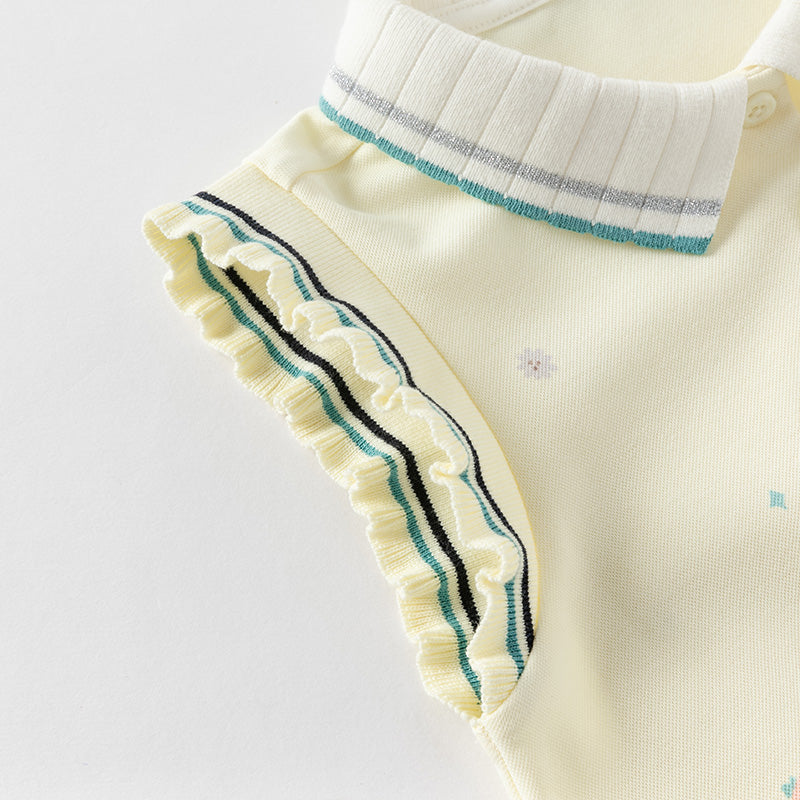 فستان بنات صيفي بدون أكمام باللون الوردي/الأصفر بتصميم رياضي وياقة بولو