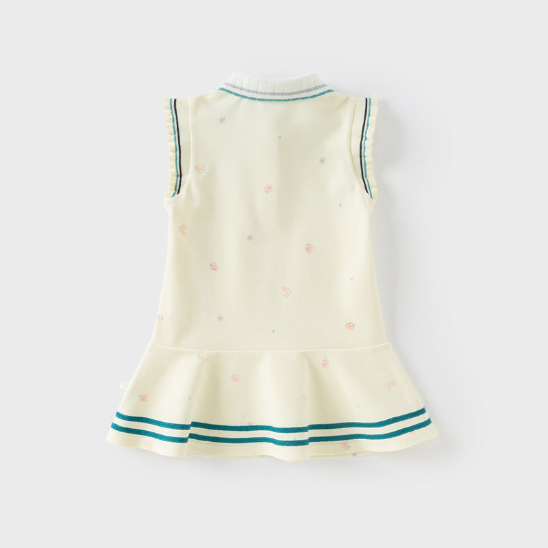فستان بنات صيفي بدون أكمام باللون الوردي/الأصفر بتصميم رياضي وياقة بولو