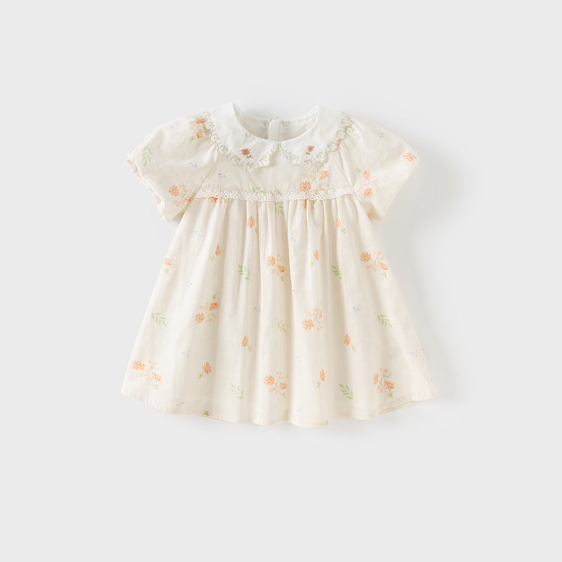 فستان بنات صيفي من القطن بأكمام منفوشة وطبعة بيج