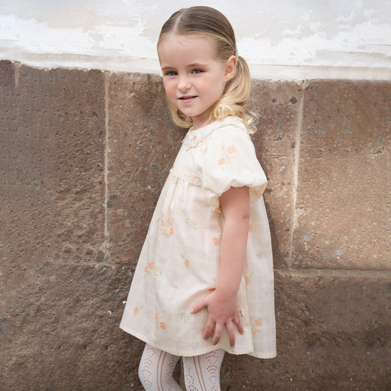 فستان بنات صيفي من القطن بأكمام منفوشة وطبعة بيج