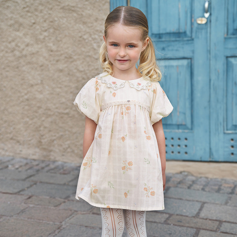 فستان بنات صيفي من القطن بأكمام منفوشة وطبعة بيج