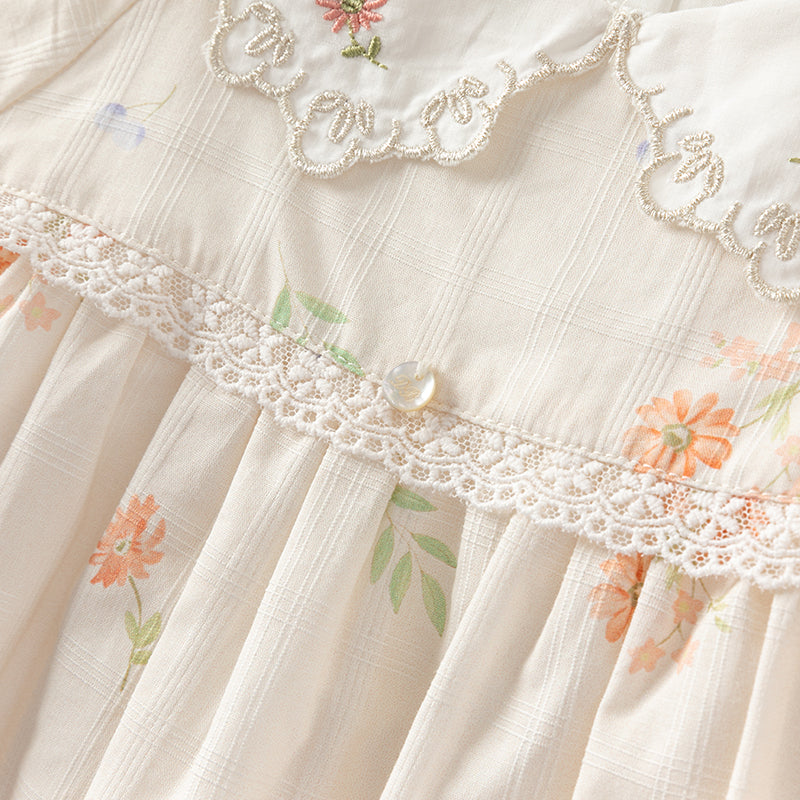 فستان بنات صيفي من القطن بأكمام منفوشة وطبعة بيج