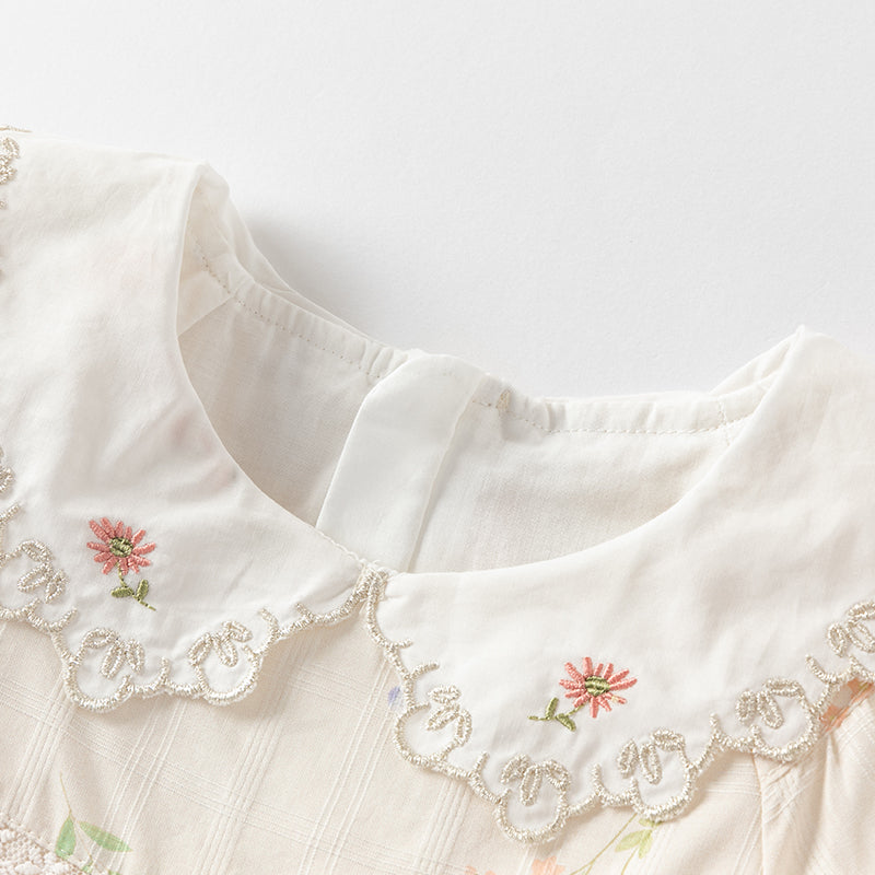 فستان بنات صيفي من القطن بأكمام منفوشة وطبعة بيج