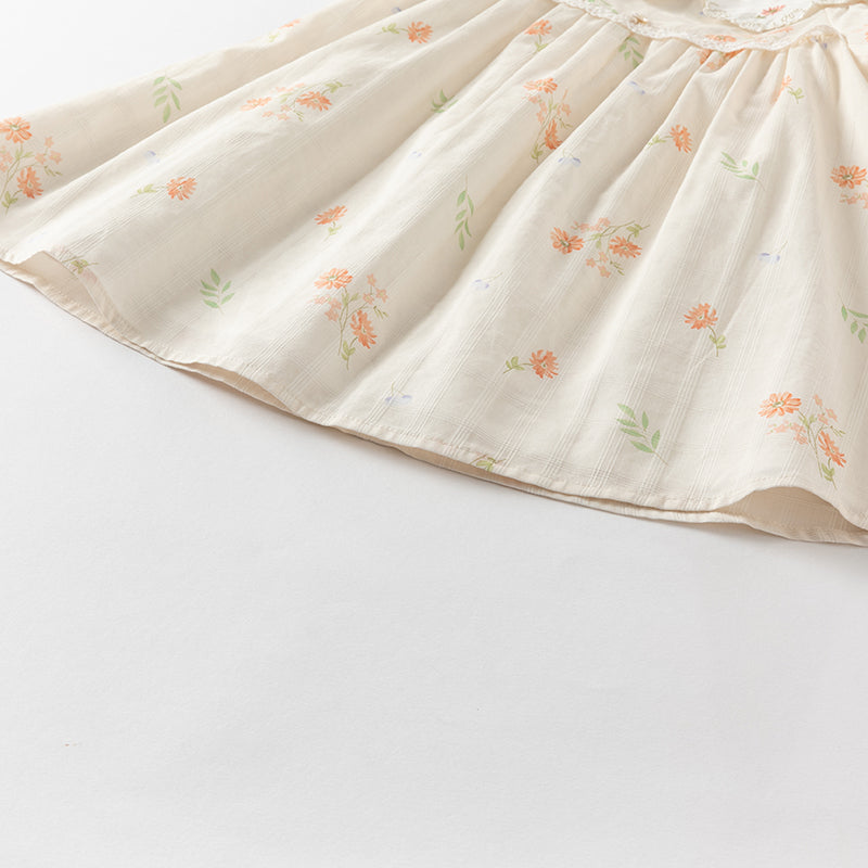 فستان بنات صيفي من القطن بأكمام منفوشة وطبعة بيج