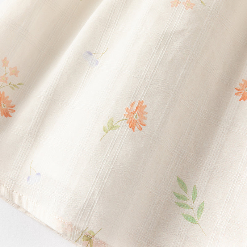 فستان بنات صيفي من القطن بأكمام منفوشة وطبعة بيج