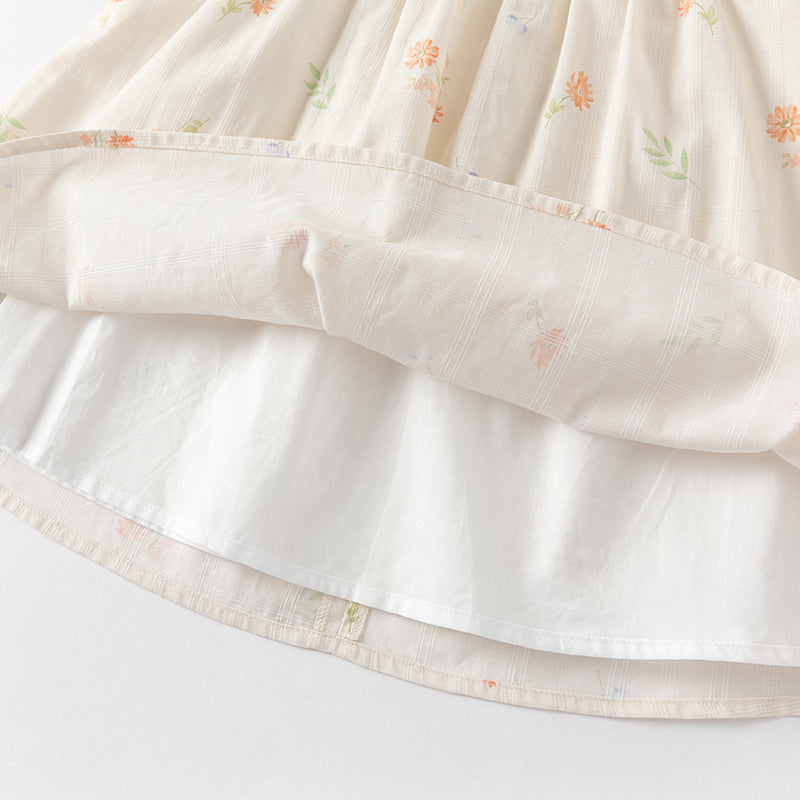 فستان بنات صيفي من القطن بأكمام منفوشة وطبعة بيج