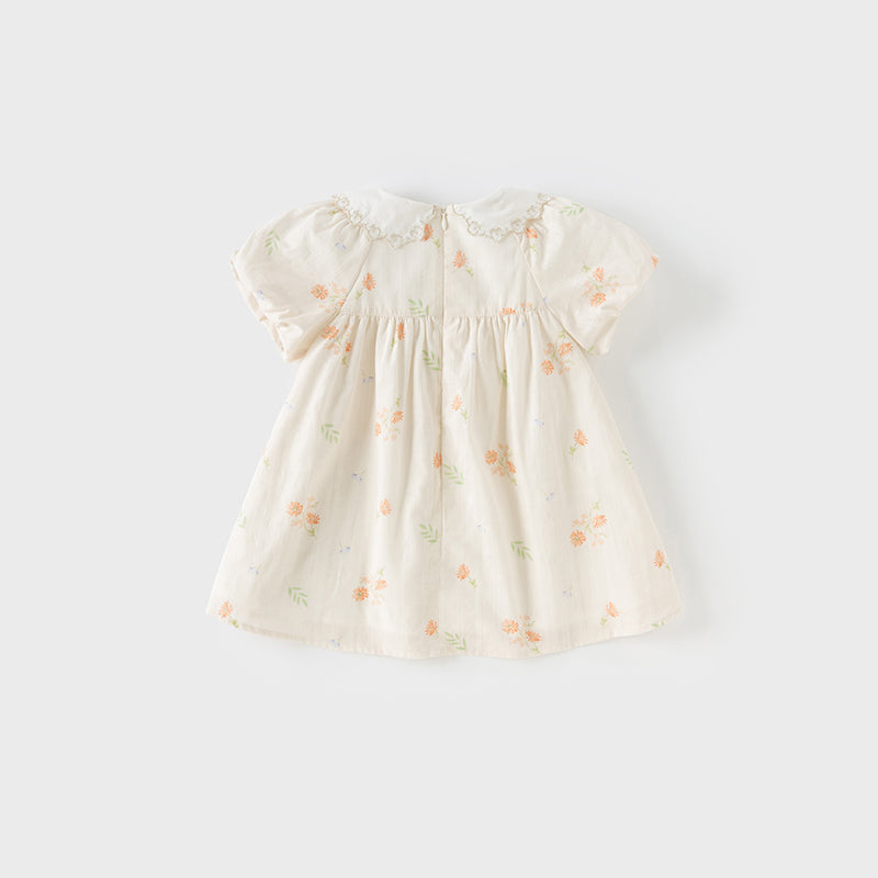 فستان بنات صيفي من القطن بأكمام منفوشة وطبعة بيج