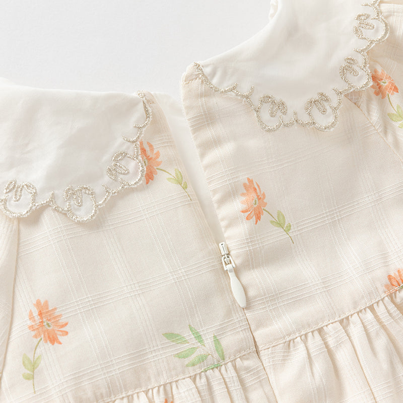 فستان بنات صيفي من القطن بأكمام منفوشة وطبعة بيج