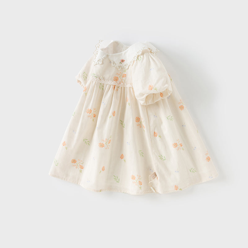 فستان بنات صيفي من القطن بأكمام منفوشة وطبعة بيج