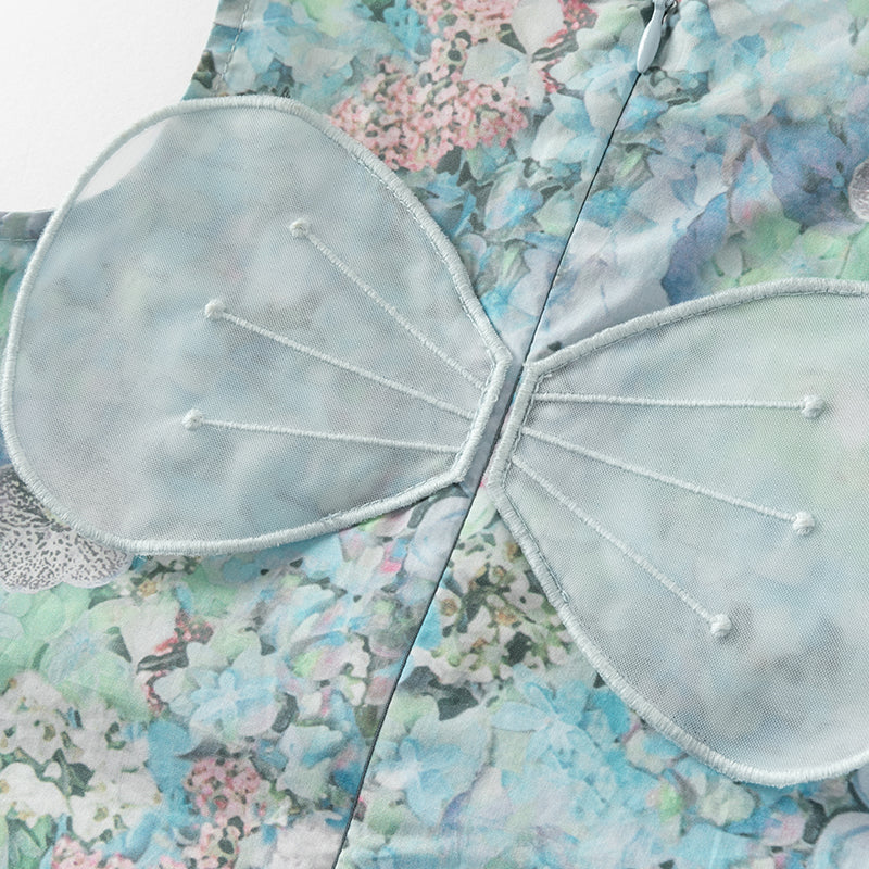 فستان صيفي للبنات الصغيرات بدون أكمام باللون الأزرق الأنيق مع طبعة زهور ومزيج من التول