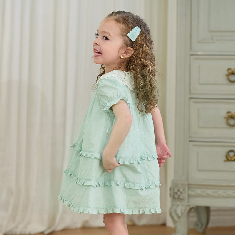 فستان بنات صيفي من القطن بأكمام قصيرة باللون الأخضر بأسلوب أميرة