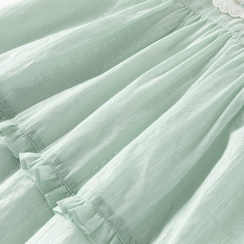 فستان بنات صيفي من القطن بأكمام قصيرة باللون الأخضر بأسلوب أميرة