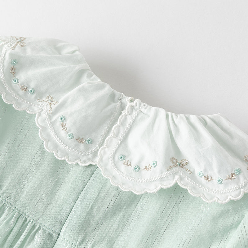 فستان بنات صيفي من القطن بأكمام قصيرة باللون الأخضر بأسلوب أميرة