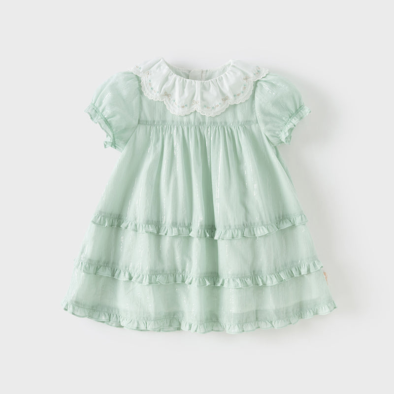 فستان بنات صيفي من القطن بأكمام قصيرة باللون الأخضر بأسلوب أميرة