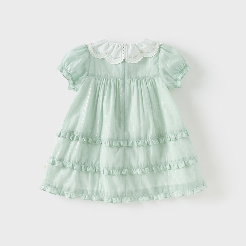 فستان بنات صيفي من القطن بأكمام قصيرة باللون الأخضر بأسلوب أميرة