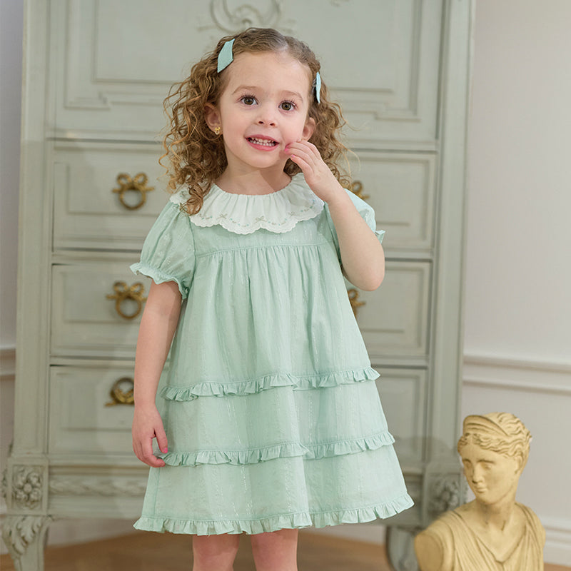 فستان بنات صيفي من القطن بأكمام قصيرة باللون الأخضر بأسلوب أميرة