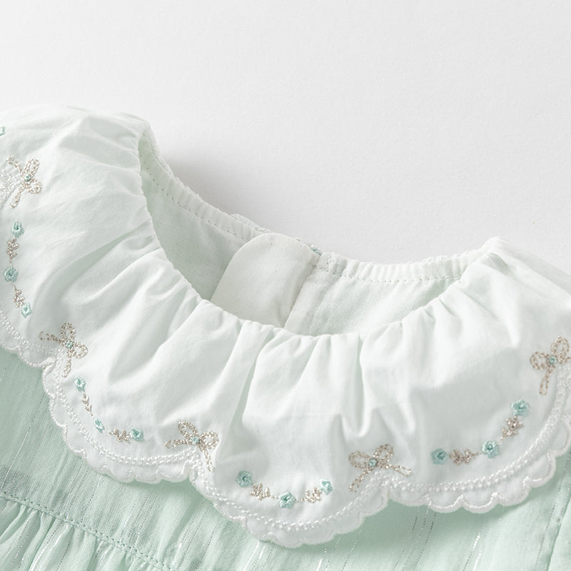 فستان بنات صيفي من القطن بأكمام قصيرة باللون الأخضر بأسلوب أميرة