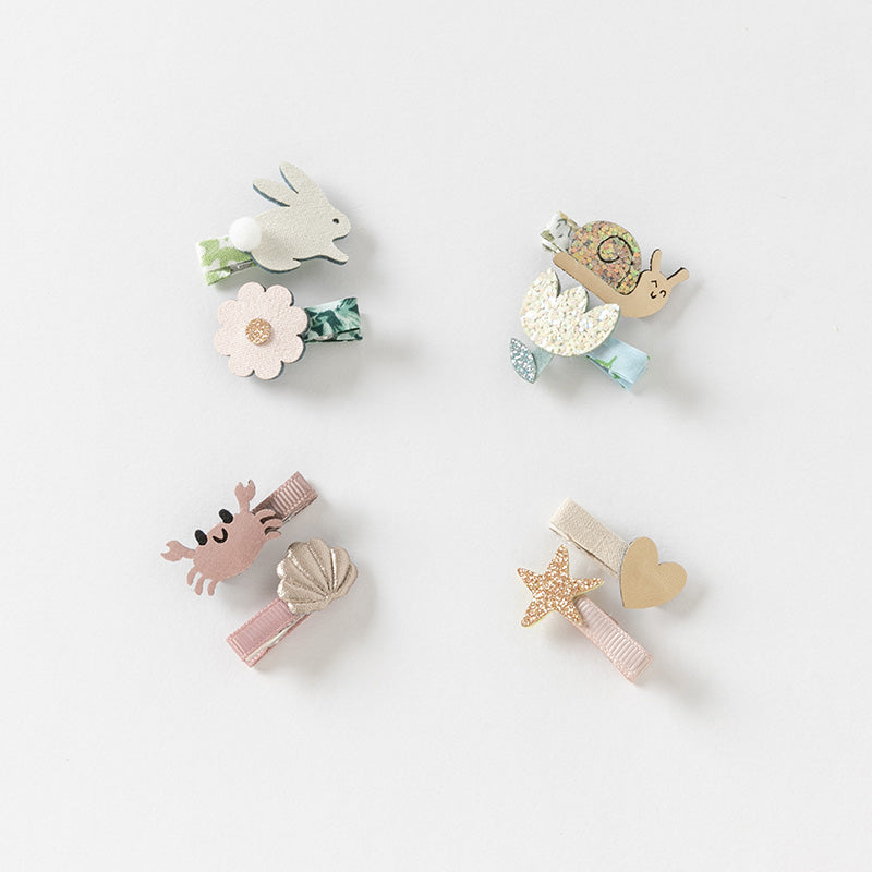 طقم مشابك شعر للأطفال - 4 تصاميم (المحيط / الأرنب / الحلزون / النجوم) إكسسوارات شعر من القماش واللمعان