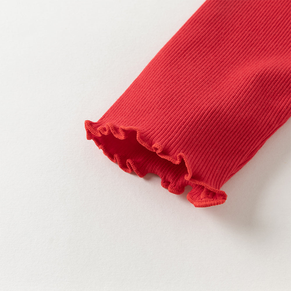 فستان بنات بأكمام طويلة من القماش المحبوك باللون الأحمر الداكن مع تنورة تول بنقاط على شكل قلوب