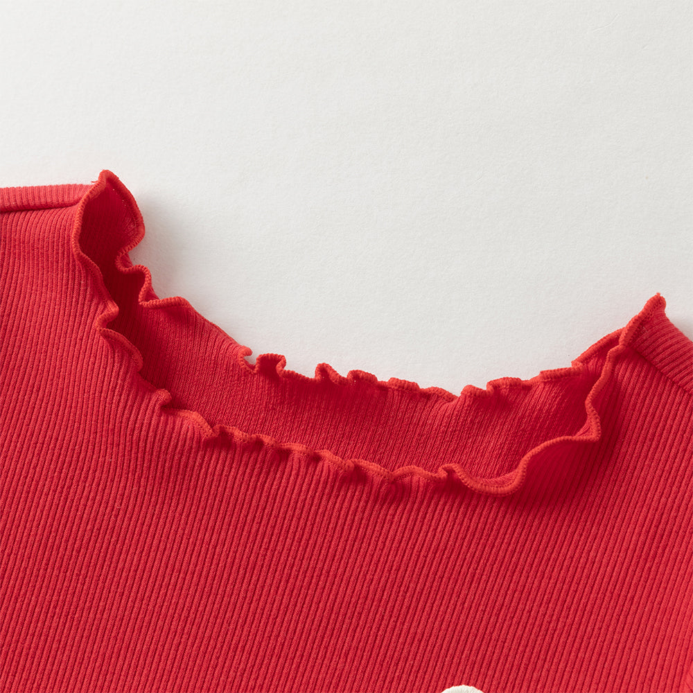 فستان بنات بأكمام طويلة من القماش المحبوك باللون الأحمر الداكن مع تنورة تول بنقاط على شكل قلوب