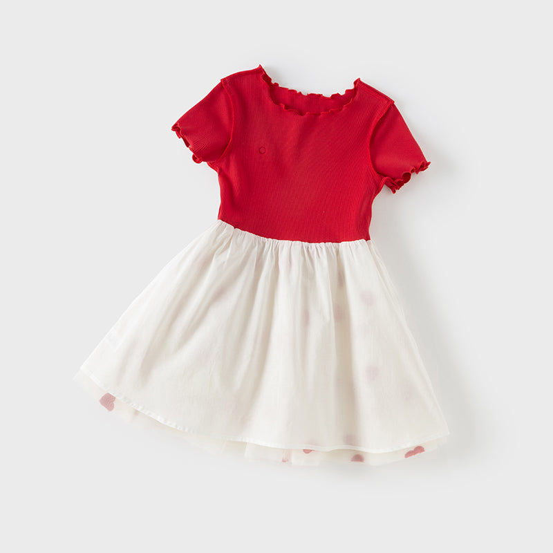 فستان شبكي غير رسمي للفتيات الصغيرات في الصيف باللون الأحمر وأكمام قصيرة