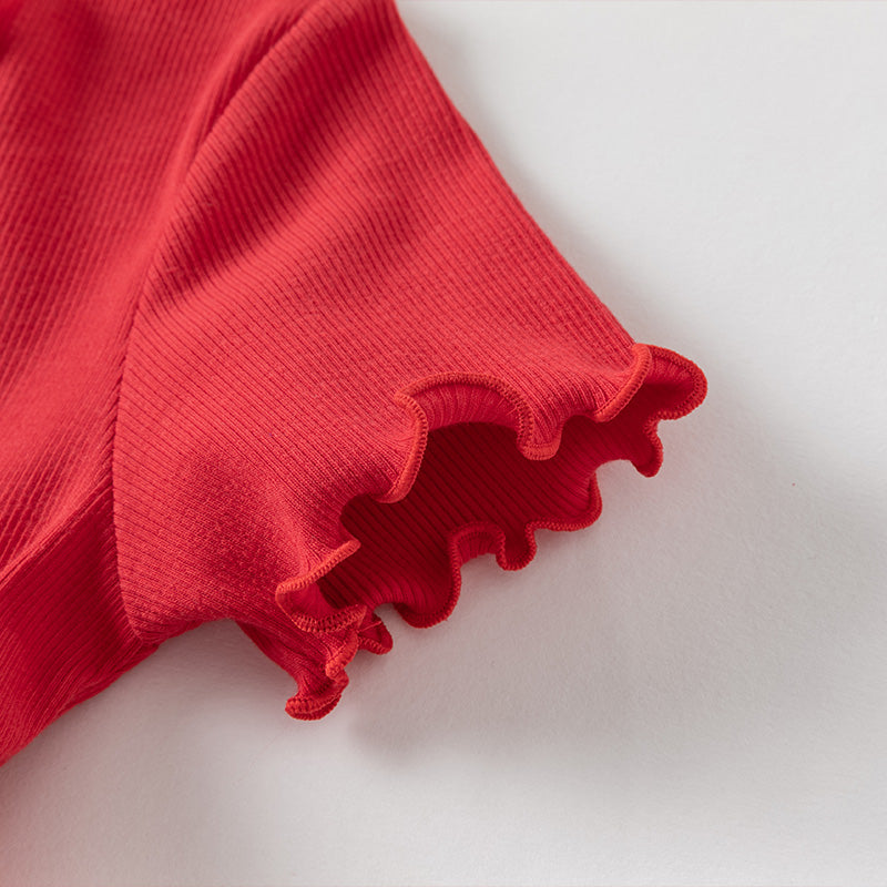 فستان شبكي غير رسمي للفتيات الصغيرات في الصيف باللون الأحمر وأكمام قصيرة