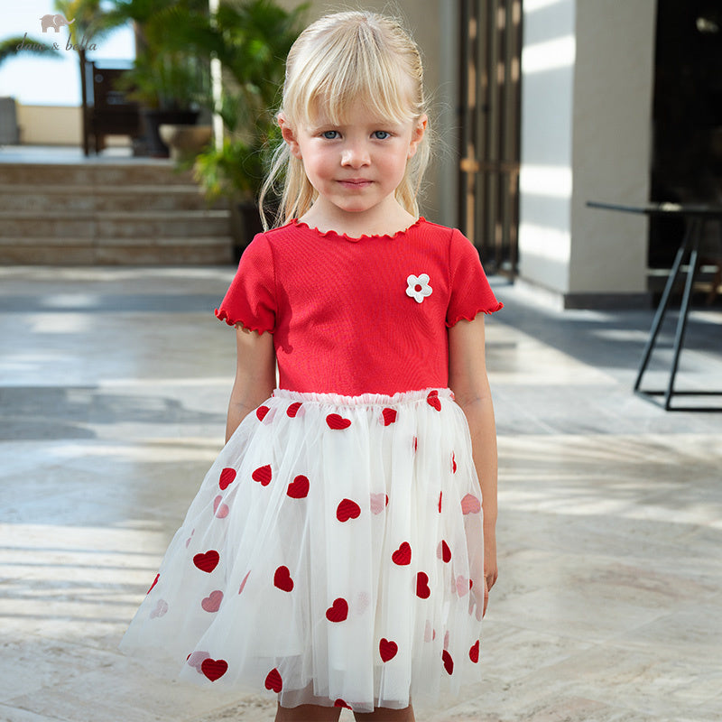 فستان شبكي غير رسمي للفتيات الصغيرات في الصيف باللون الأحمر وأكمام قصيرة