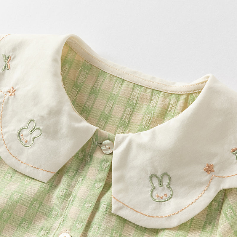 فستان بنات صيفي من القطن الخالص بنقشة مربعات خضراء مع أكمام منفوشة (يشمل حقيبة كروس بودي)