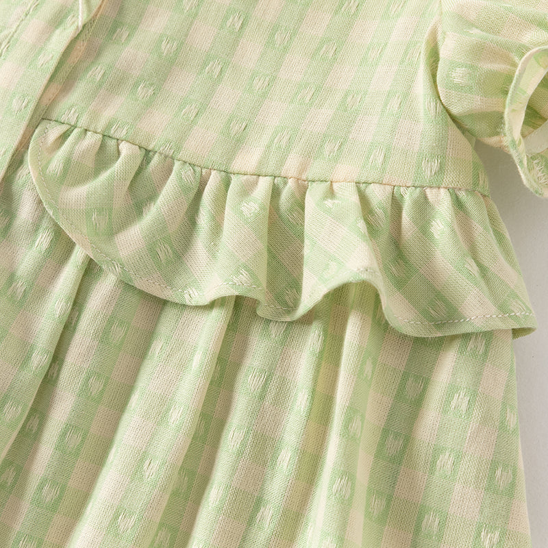 فستان بنات صيفي من القطن الخالص بنقشة مربعات خضراء مع أكمام منفوشة (يشمل حقيبة كروس بودي)