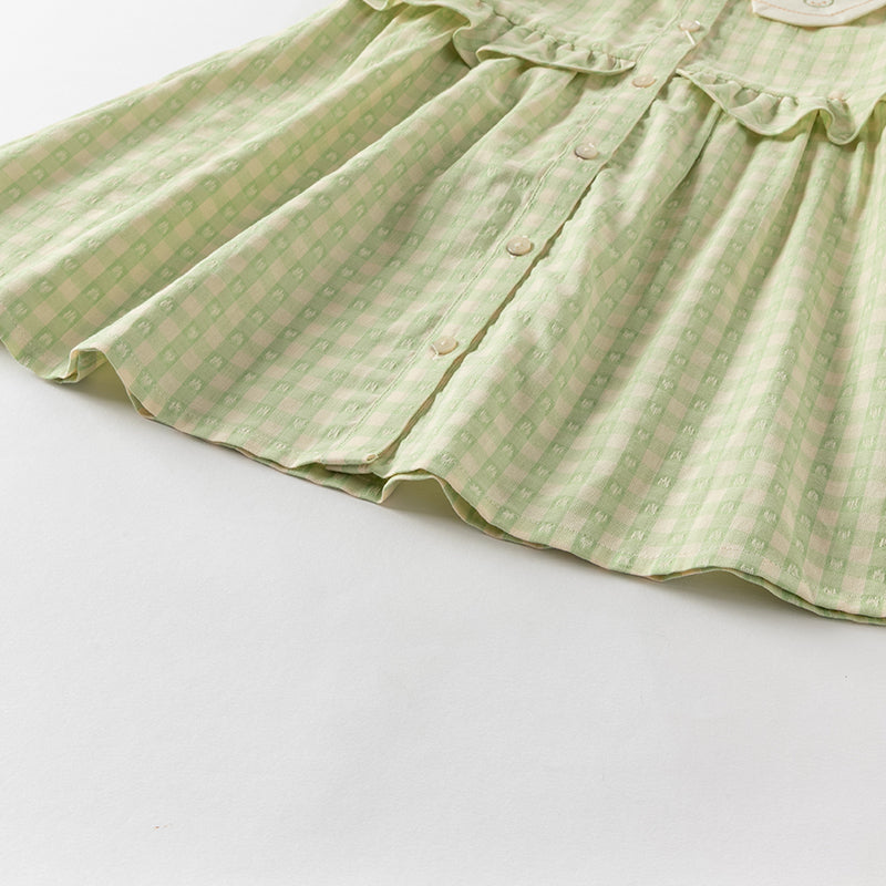 فستان بنات صيفي من القطن الخالص بنقشة مربعات خضراء مع أكمام منفوشة (يشمل حقيبة كروس بودي)