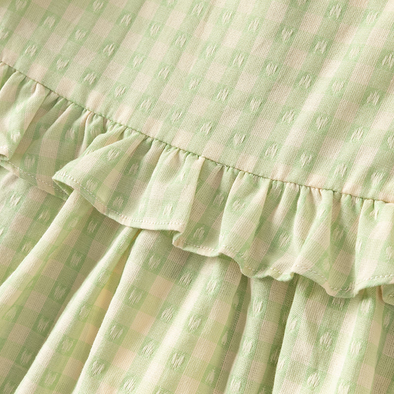 فستان بنات صيفي من القطن الخالص بنقشة مربعات خضراء مع أكمام منفوشة (يشمل حقيبة كروس بودي)