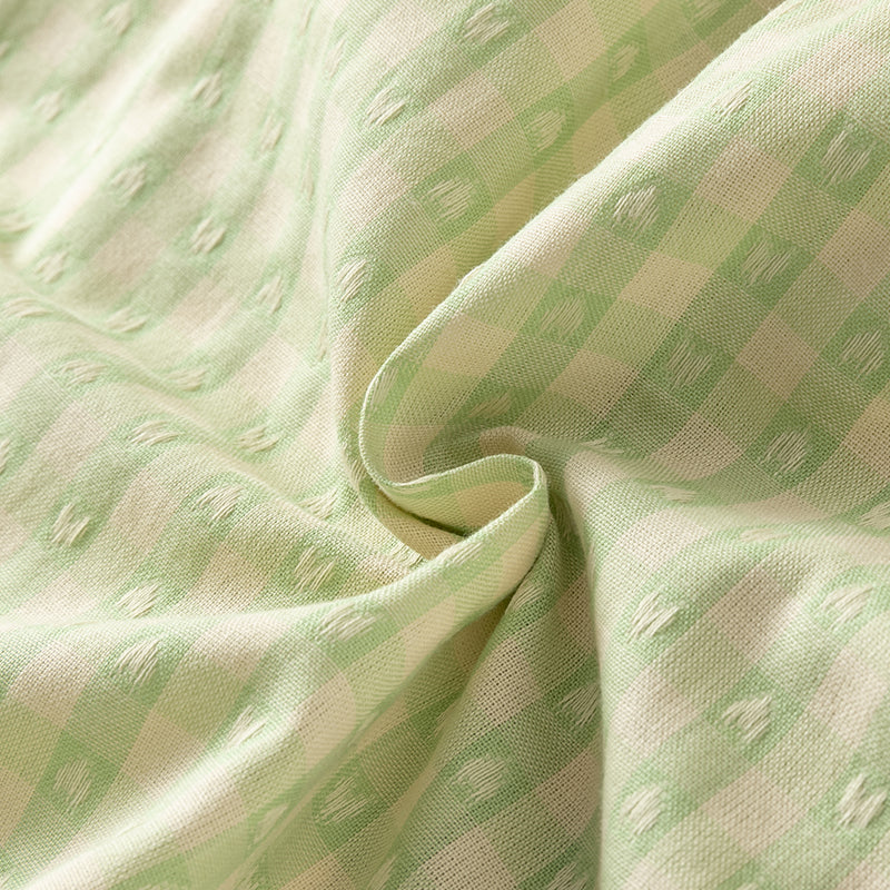 فستان بنات صيفي من القطن الخالص بنقشة مربعات خضراء مع أكمام منفوشة (يشمل حقيبة كروس بودي)