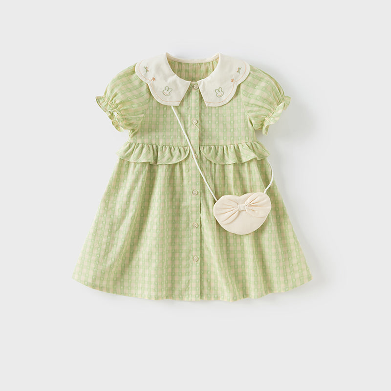 فستان بنات صيفي من القطن الخالص بنقشة مربعات خضراء مع أكمام منفوشة (يشمل حقيبة كروس بودي)