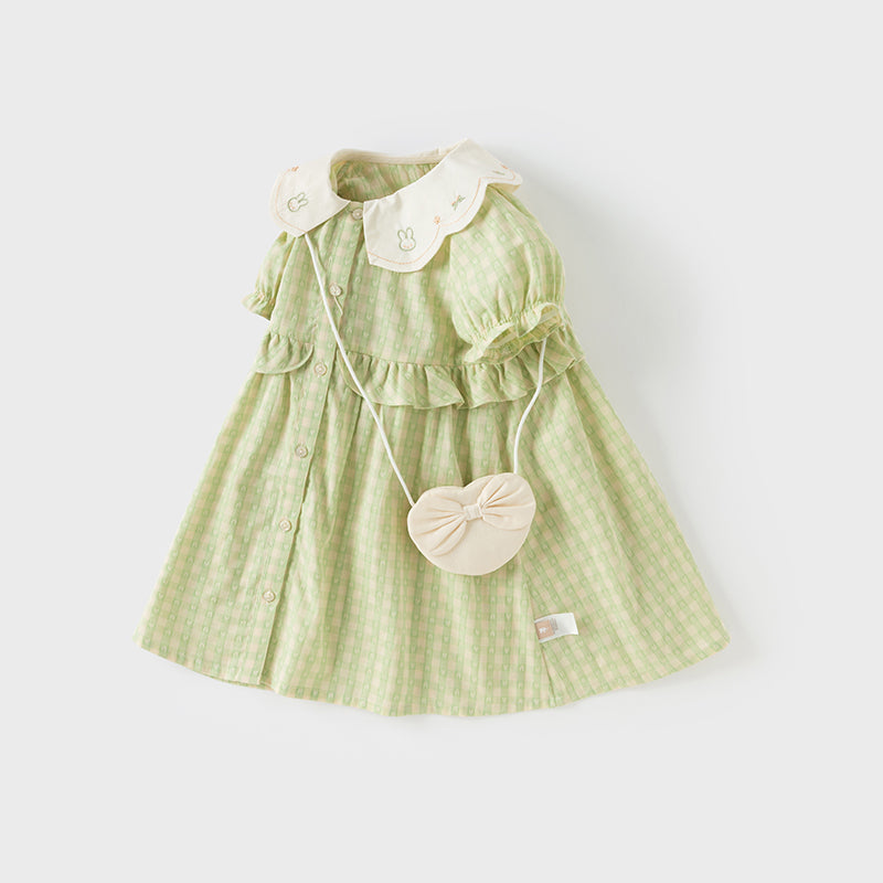 فستان بنات صيفي من القطن الخالص بنقشة مربعات خضراء مع أكمام منفوشة (يشمل حقيبة كروس بودي)