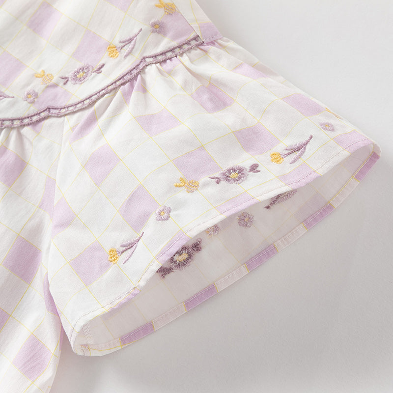 فستان بنات صيفي من القطن مربعات بنفسجي بأسلوب عطلة