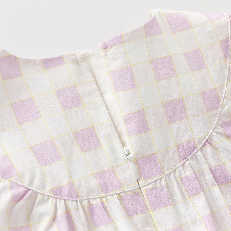 فستان بنات صيفي من القطن مربعات بنفسجي بأسلوب عطلة